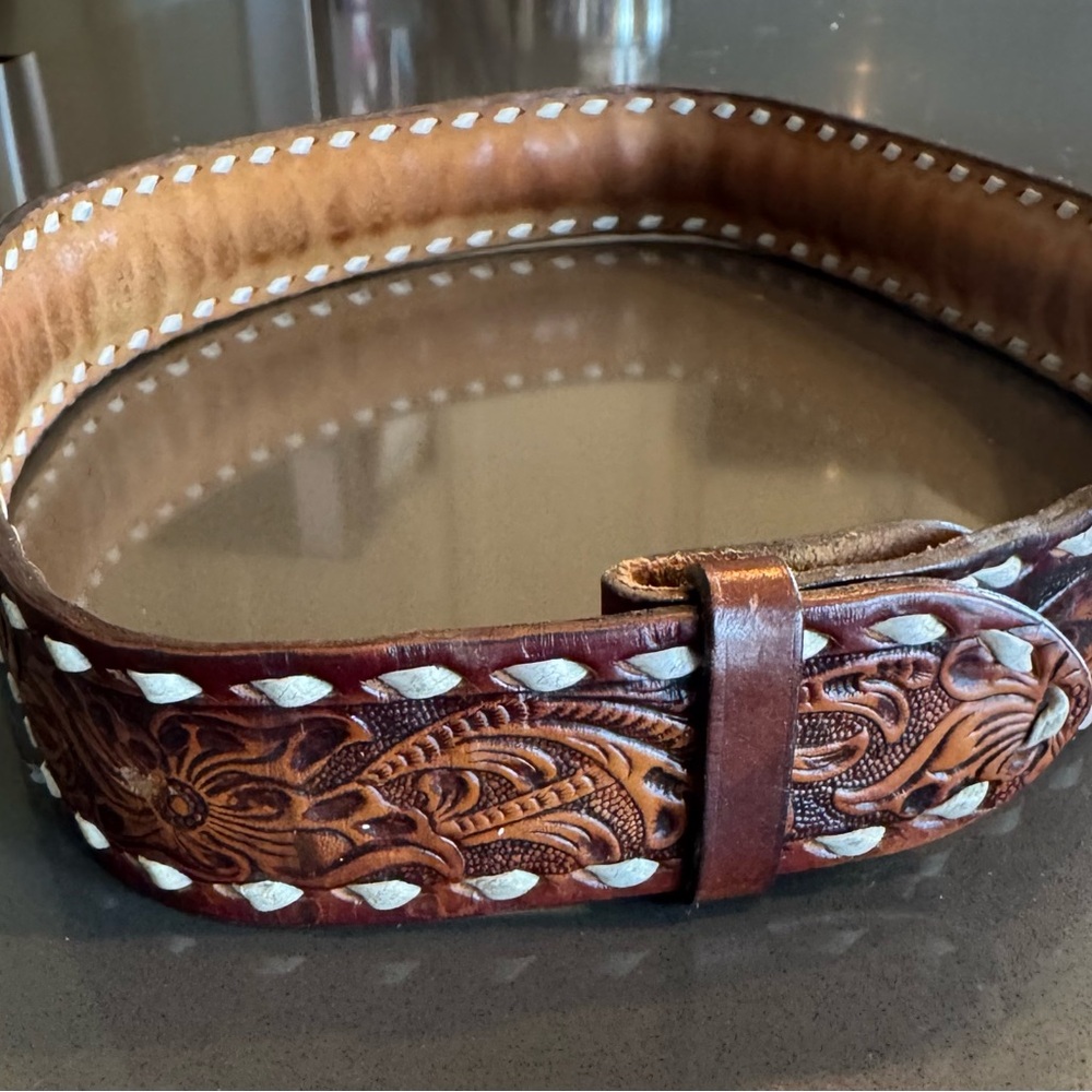 Vintage Brown Leather Embossed Belt